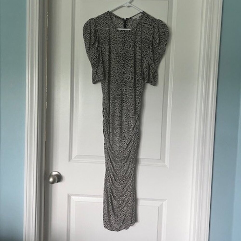 Joie sheer top midi dress, draped skirt sides, black/cream print, size small